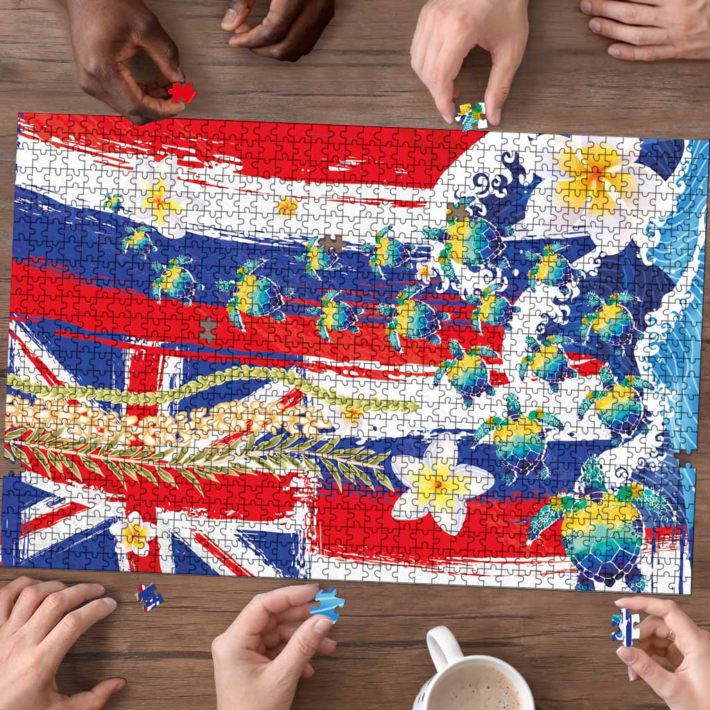 Hawaiian Sea Turtles and Plumeria Puzzle with Lei and Flag Grunge Style