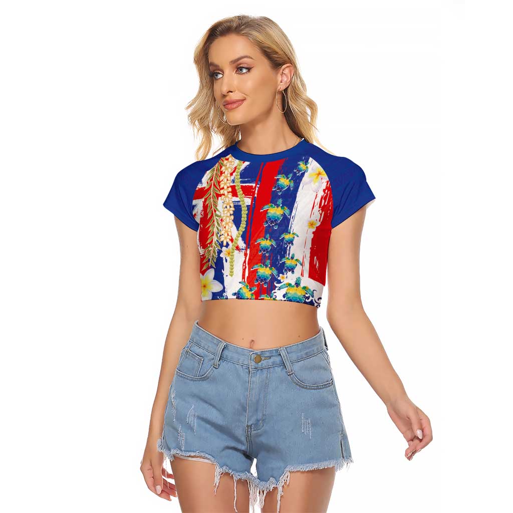 Hawaiian Sea Turtles and Plumeria Raglan Cropped T Shirt with Lei and Flag Grunge Style