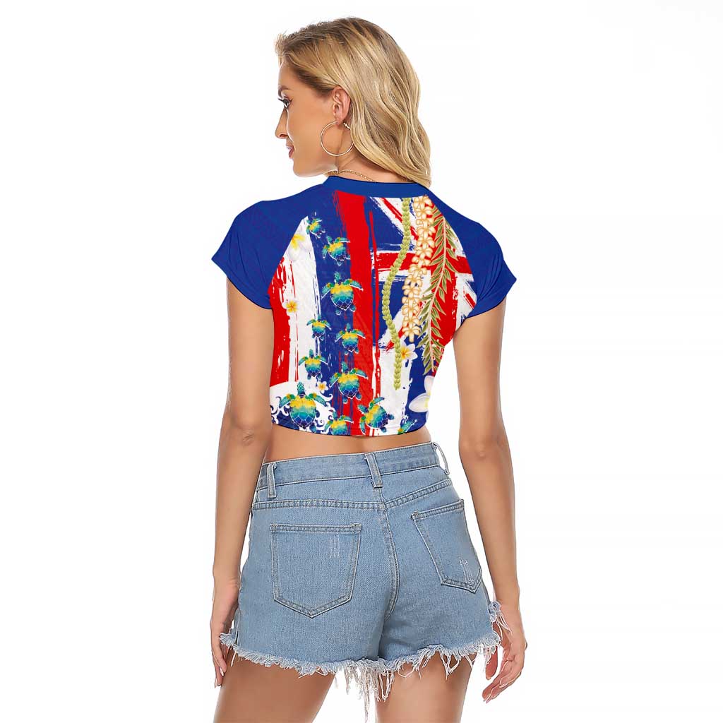 Hawaiian Sea Turtles and Plumeria Raglan Cropped T Shirt with Lei and Flag Grunge Style