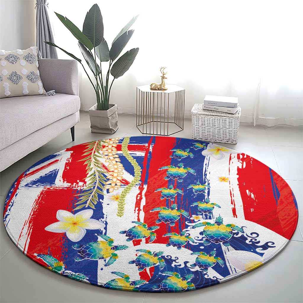 Hawaiian Sea Turtles and Plumeria Round Carpet with Lei and Flag Grunge Style