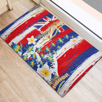 Hawaiian Sea Turtles and Plumeria Rubber Doormat with Lei and Flag Grunge Style