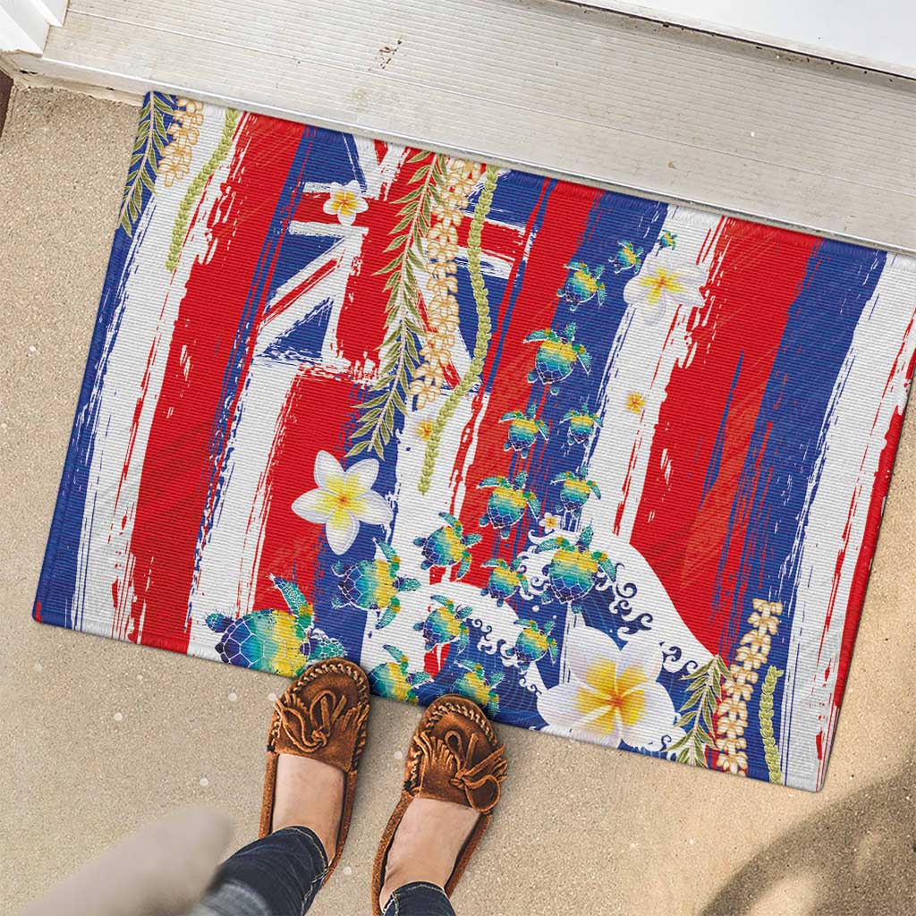 Hawaiian Sea Turtles and Plumeria Rubber Doormat with Lei and Flag Grunge Style