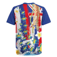 Hawaiian Sea Turtles and Plumeria Rugby Jersey with Lei and Flag Grunge Style