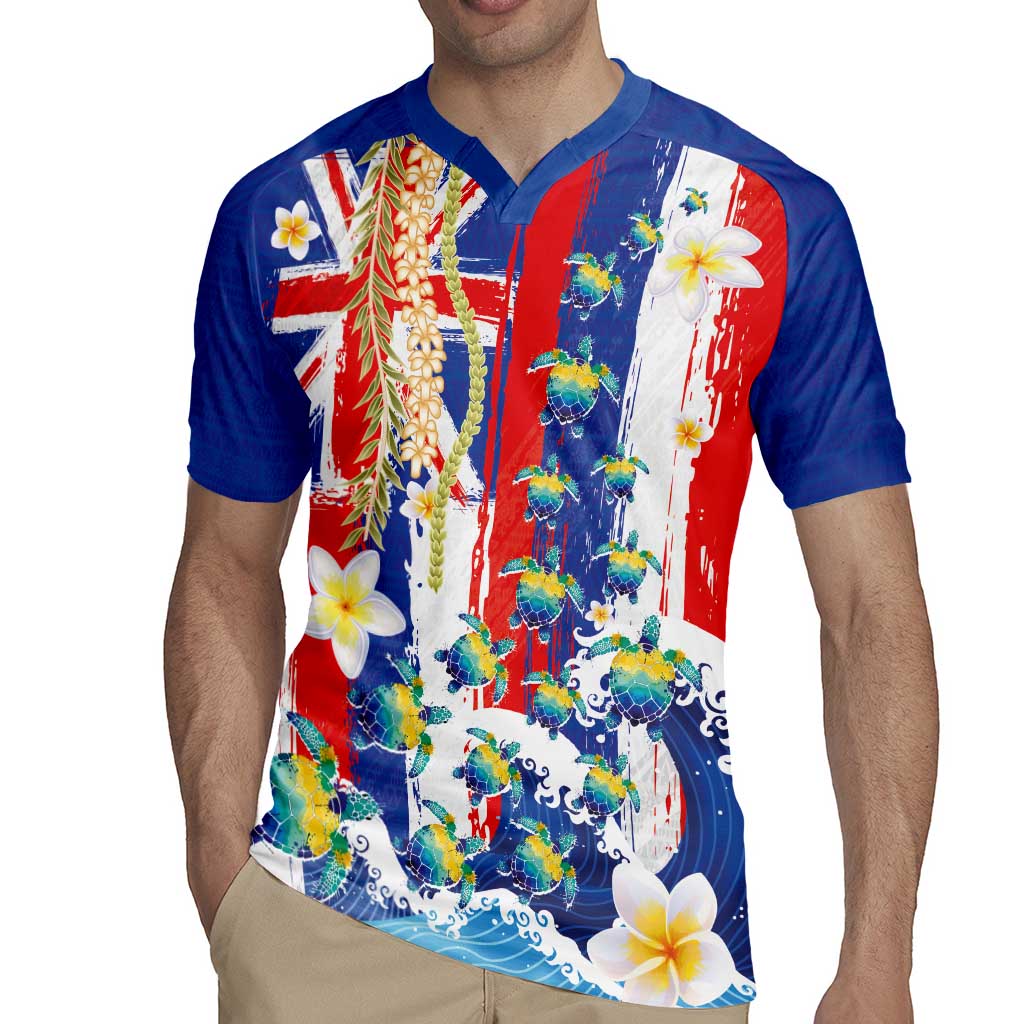 Hawaiian Sea Turtles and Plumeria Rugby Jersey with Lei and Flag Grunge Style