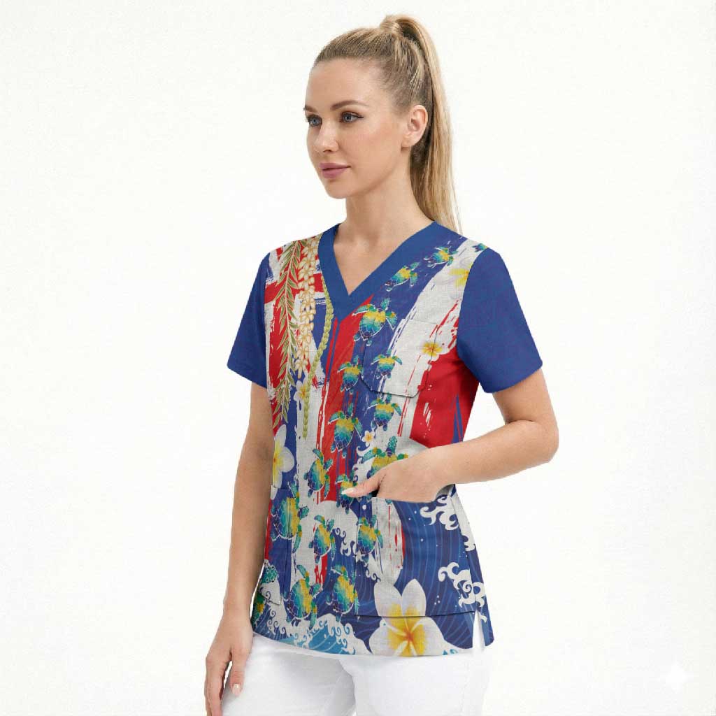 Hawaiian Sea Turtles and Plumeria Scrub Top with Lei and Flag Grunge Style