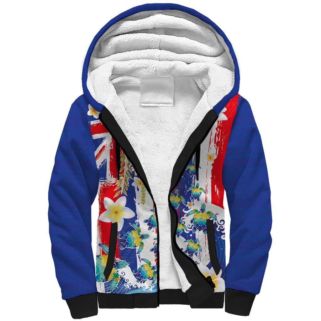 Hawaiian Sea Turtles and Plumeria Sherpa Hoodie with Lei and Flag Grunge Style LT03 Unisex Multicolor - Polynesian Pride