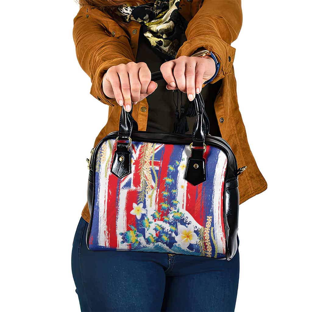 Hawaiian Sea Turtles and Plumeria Shoulder Handbag with Lei and Flag Grunge Style