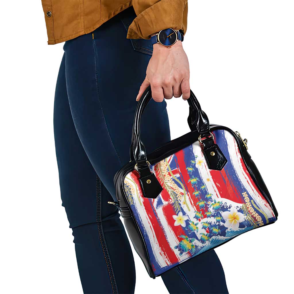 Hawaiian Sea Turtles and Plumeria Shoulder Handbag with Lei and Flag Grunge Style