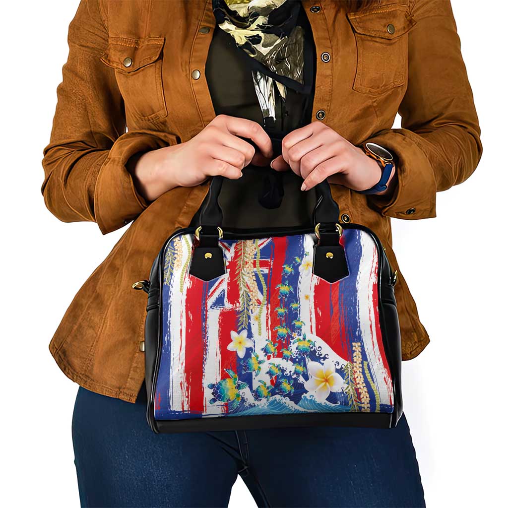 Hawaiian Sea Turtles and Plumeria Shoulder Handbag with Lei and Flag Grunge Style
