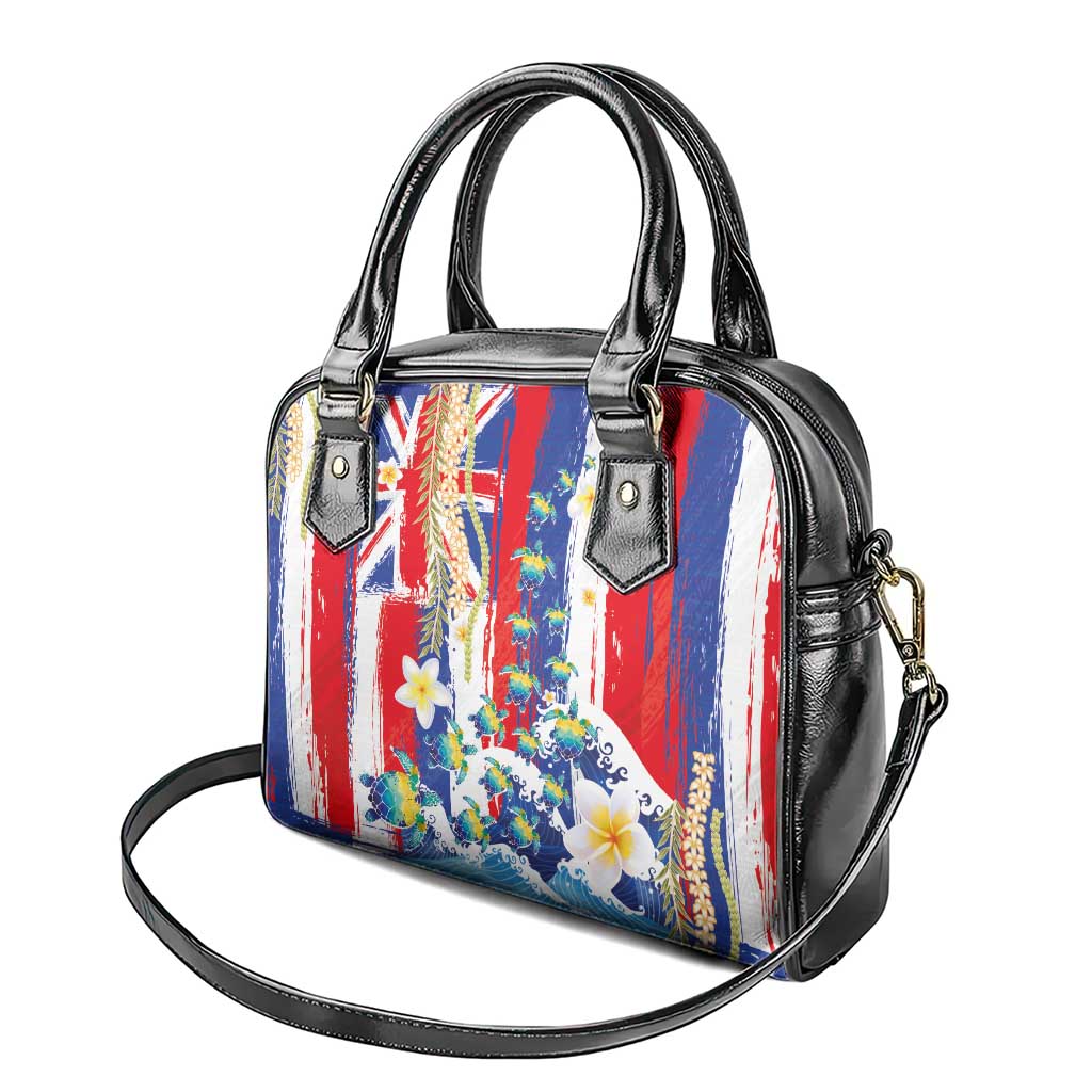 Hawaiian Sea Turtles and Plumeria Shoulder Handbag with Lei and Flag Grunge Style