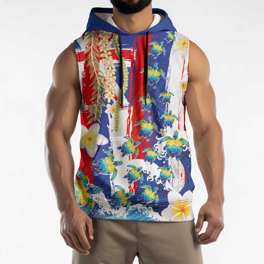 Hawaiian Sea Turtles and Plumeria Sleeveless Hoodie with Lei and Flag Grunge Style LT03 - Polynesian Pride