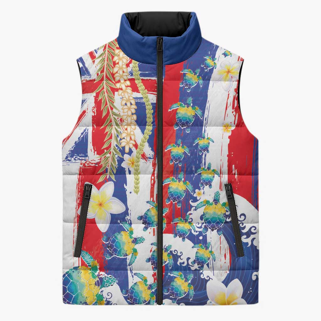 Hawaiian Sea Turtles and Plumeria Sleeveless Puffer Jacket with Lei and Flag Grunge Style