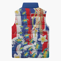 Hawaiian Sea Turtles and Plumeria Sleeveless Puffer Jacket with Lei and Flag Grunge Style