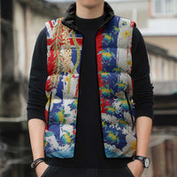 Hawaiian Sea Turtles and Plumeria Sleeveless Puffer Jacket with Lei and Flag Grunge Style