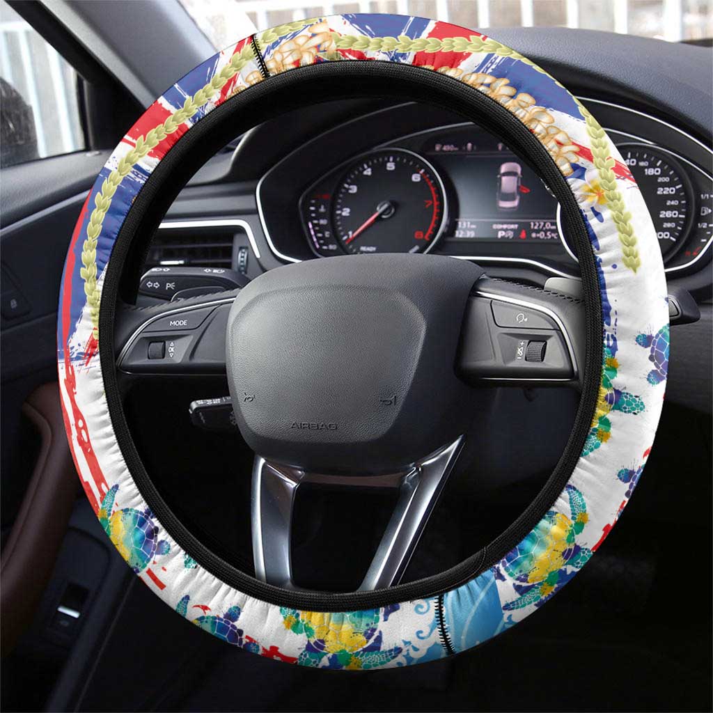 Hawaiian Sea Turtles and Plumeria Steering Wheel Cover with Lei and Flag Grunge Style