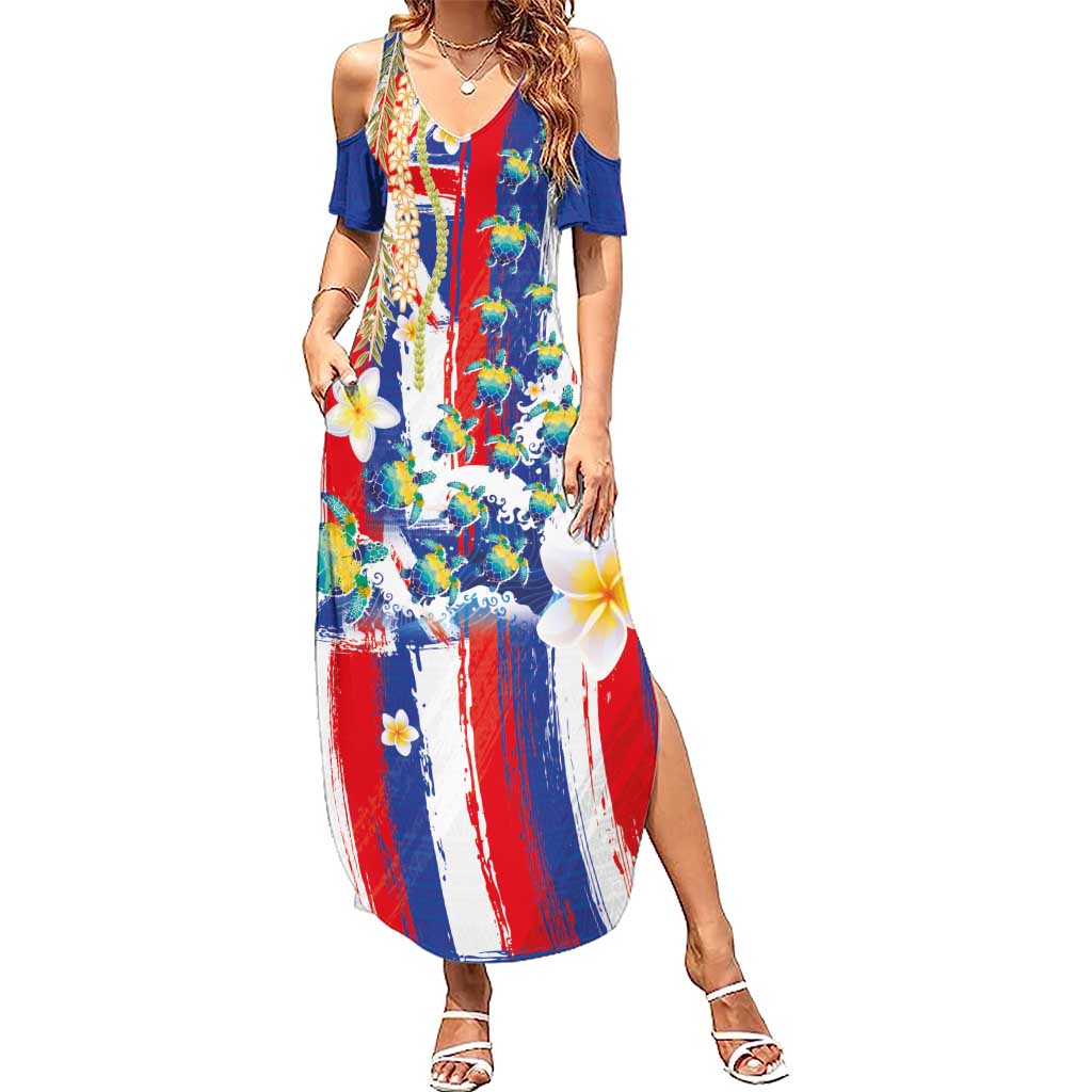 Hawaiian Sea Turtles and Plumeria Summer Maxi Dress with Lei and Flag Grunge Style