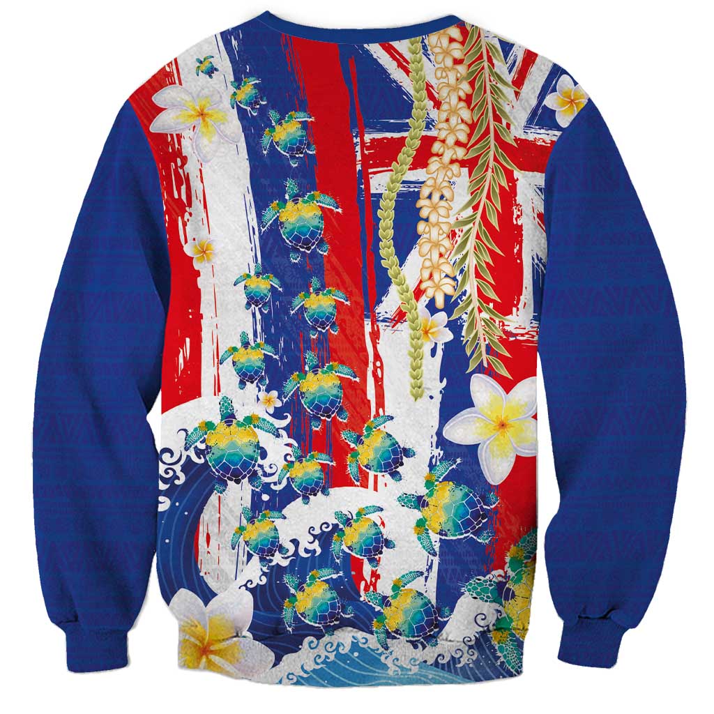 Hawaiian Sea Turtles and Plumeria Sweatshirt with Lei and Flag Grunge Style