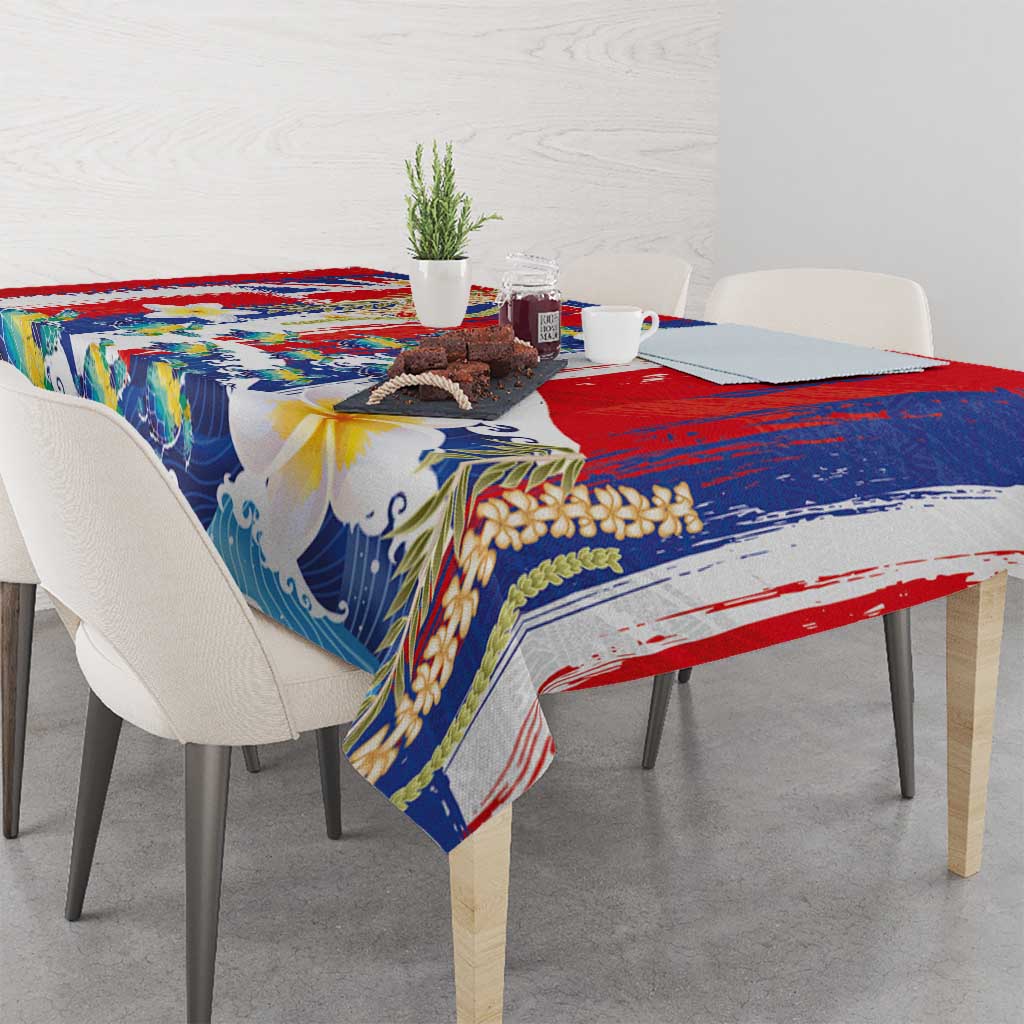 Hawaiian Sea Turtles and Plumeria Tablecloth with Lei and Flag Grunge Style