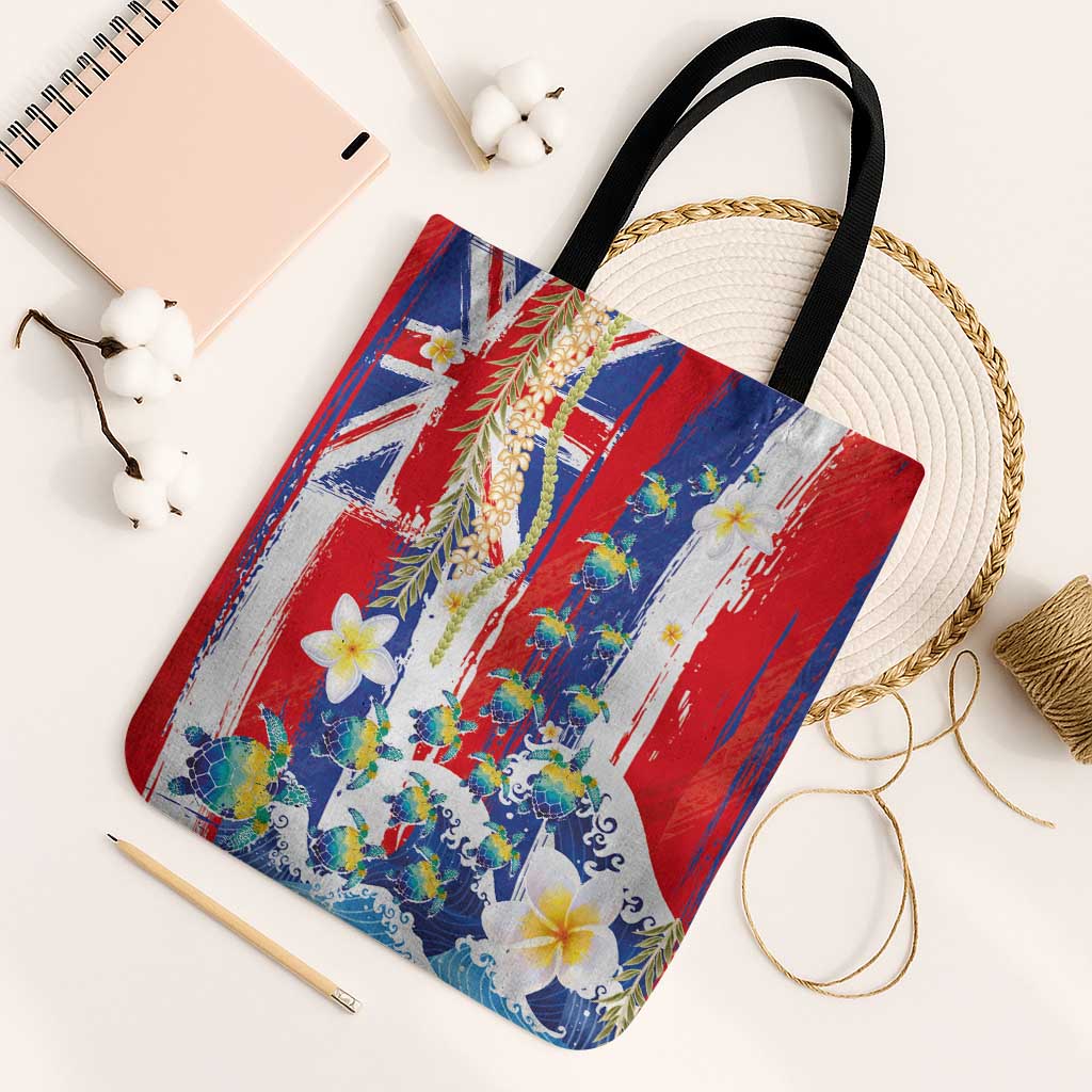 Hawaiian Sea Turtles and Plumeria Tote Bag with Lei and Flag Grunge Style