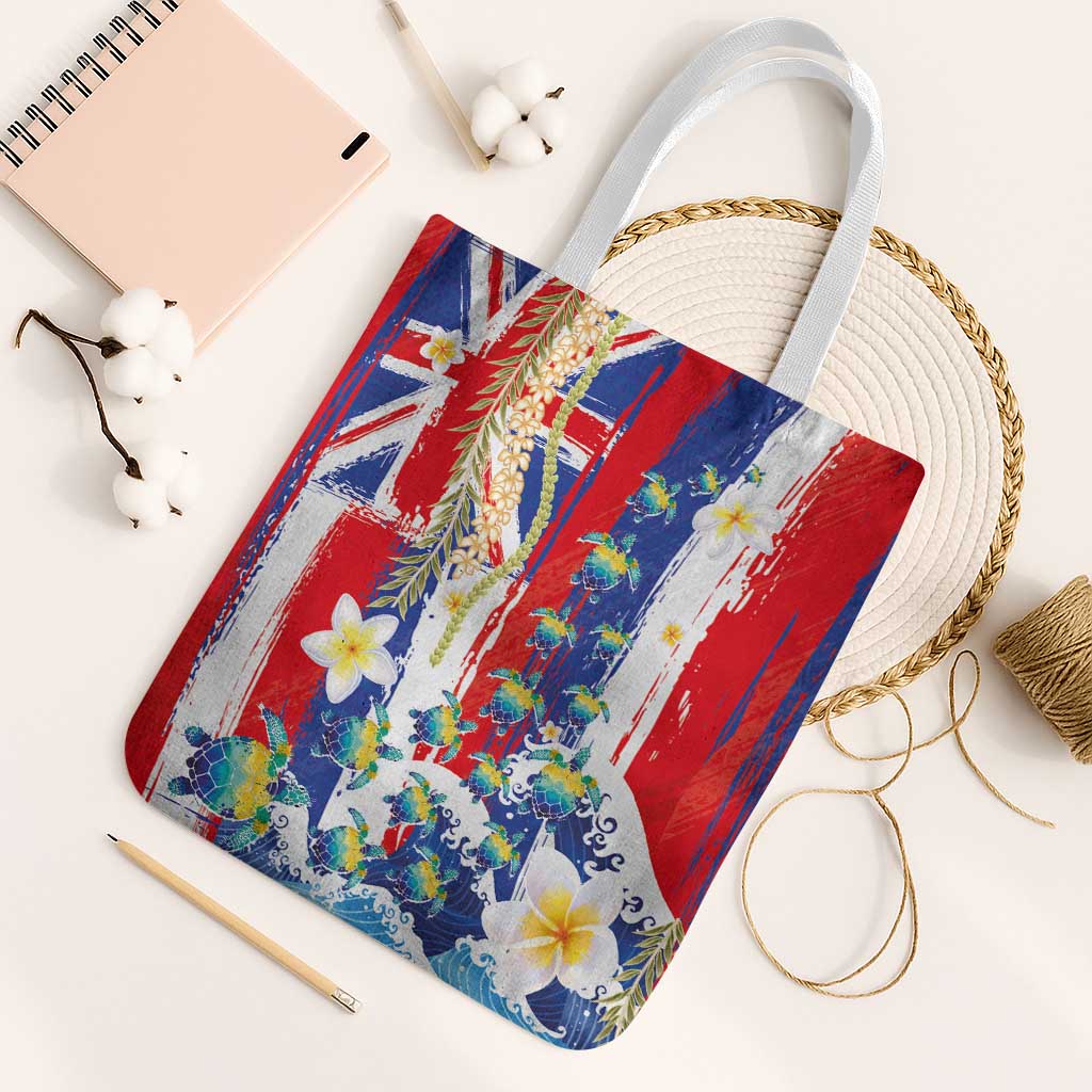 Hawaiian Sea Turtles and Plumeria Tote Bag with Lei and Flag Grunge Style