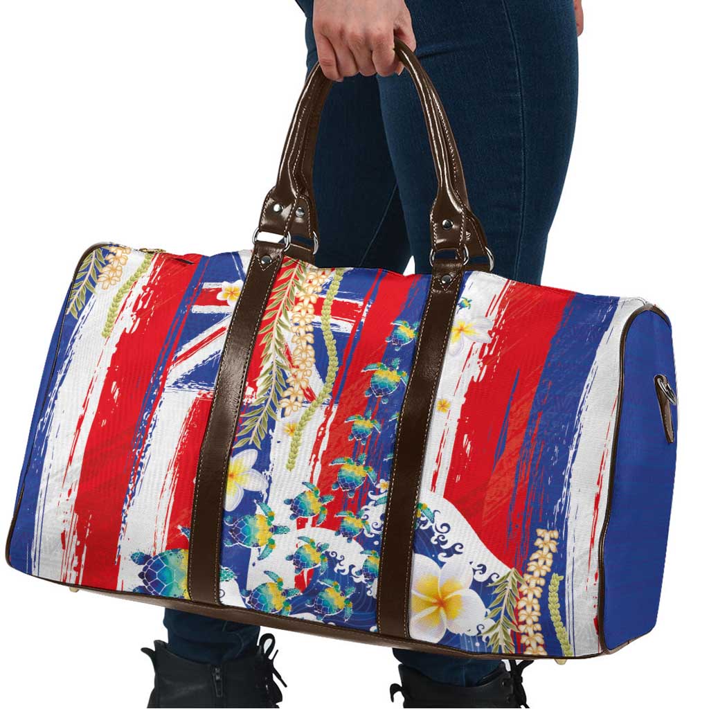 Hawaiian Sea Turtles and Plumeria Travel Bag with Lei and Flag Grunge Style
