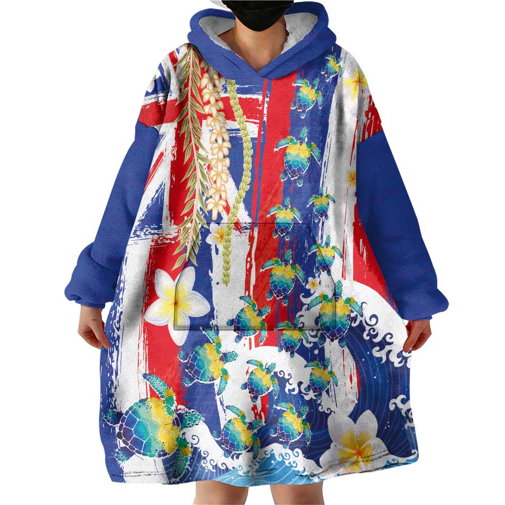 Hawaiian Sea Turtles and Plumeria Wearable Blanket Hoodie with Lei and Flag Grunge Style LT03 - Polynesian Pride