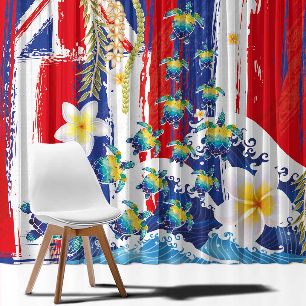 Hawaiian Sea Turtles and Plumeria Window Curtain with Lei and Flag Grunge Style