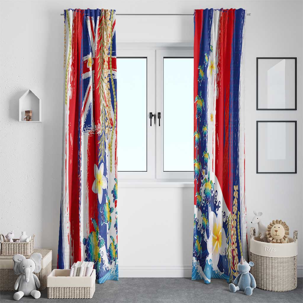 Hawaiian Sea Turtles and Plumeria Window Curtain with Lei and Flag Grunge Style