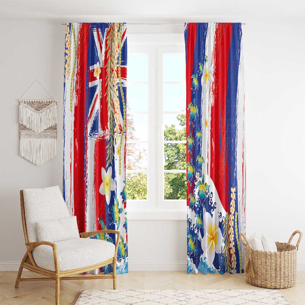 Hawaiian Sea Turtles and Plumeria Window Curtain with Lei and Flag Grunge Style