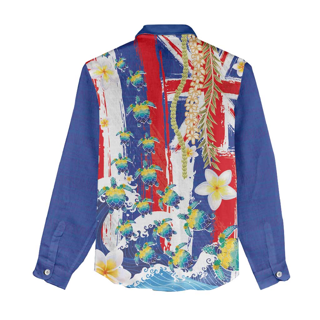 Hawaiian Sea Turtles and Plumeria Women Casual Shirt with Lei and Flag Grunge Style