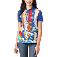 Hawaiian Sea Turtles and Plumeria Women Polo Shirt with Lei and Flag Grunge Style LT03 - Polynesian Pride