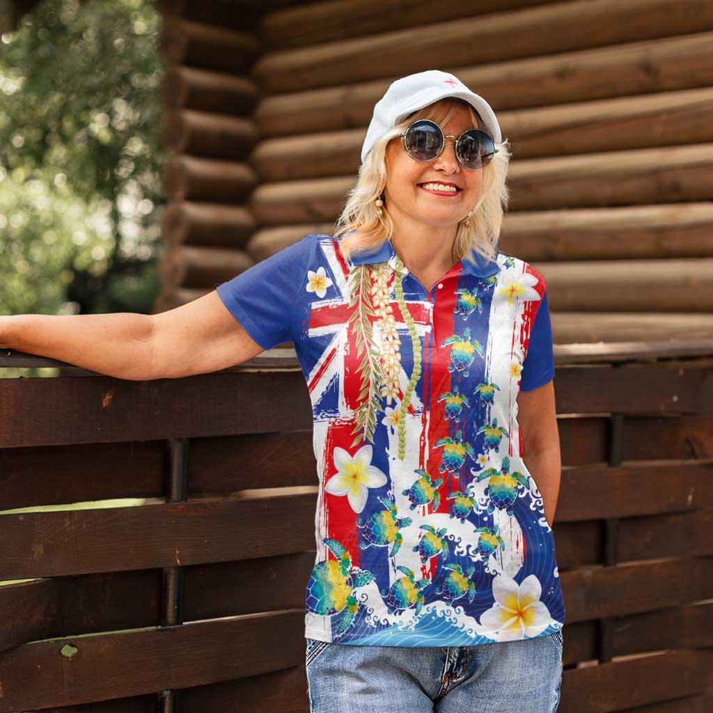 Hawaiian Sea Turtles and Plumeria Women Polo Shirt with Lei and Flag Grunge Style LT03 - Polynesian Pride