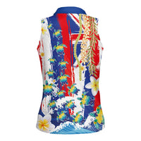 Hawaiian Sea Turtles and Plumeria Women Sleeveless Polo Shirt with Lei and Flag Grunge Style LT03 - Polynesian Pride