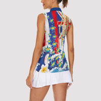 Hawaiian Sea Turtles and Plumeria Women Sleeveless Polo Shirt with Lei and Flag Grunge Style LT03 - Polynesian Pride