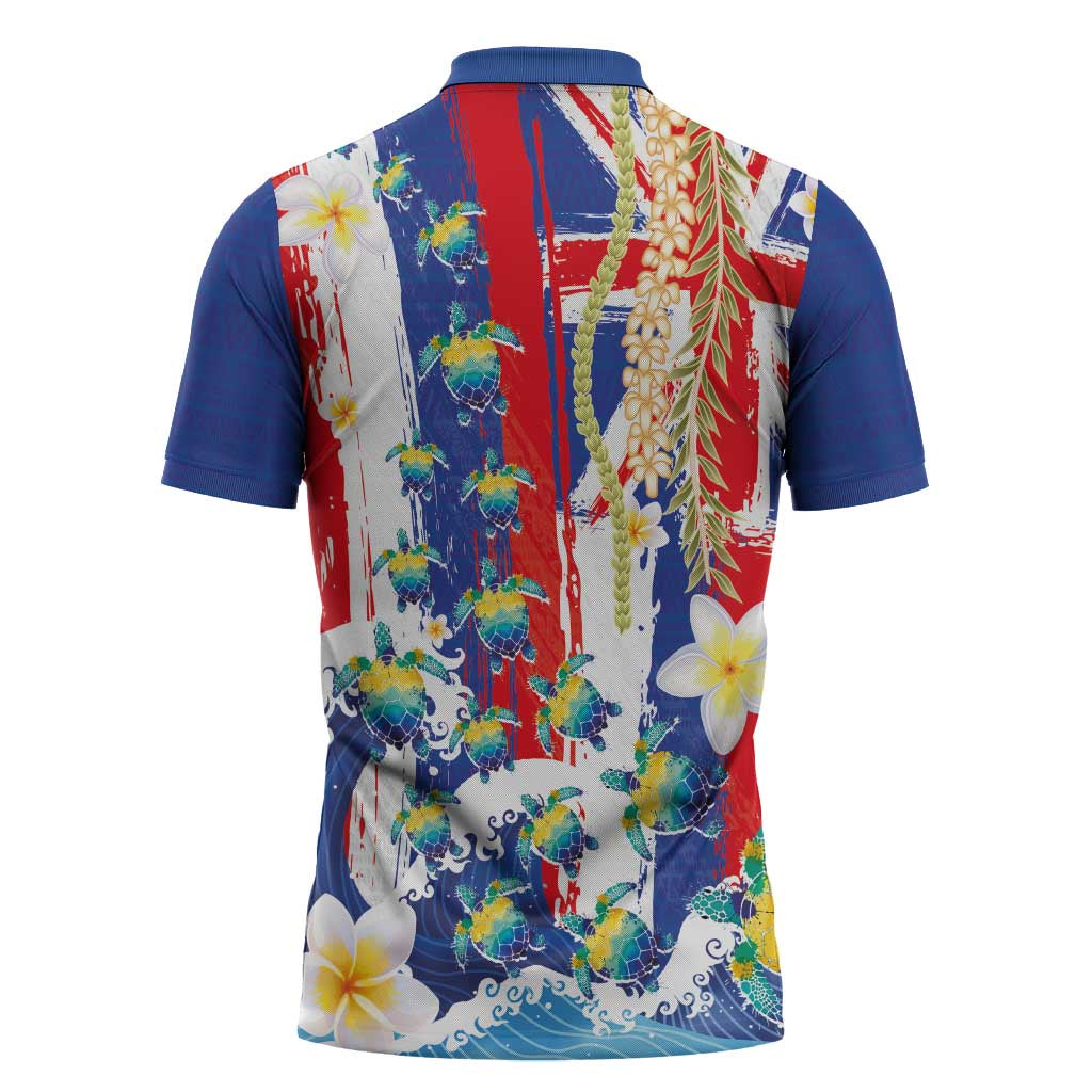 Hawaiian Sea Turtles and Plumeria Zipper Polo Shirt with Lei and Flag Grunge Style LT03 - Polynesian Pride