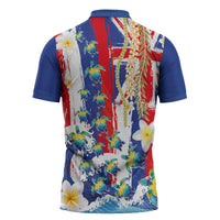 Hawaiian Sea Turtles and Plumeria Zipper Polo Shirt with Lei and Flag Grunge Style LT03 - Polynesian Pride