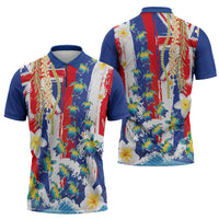 Hawaiian Sea Turtles and Plumeria Zipper Polo Shirt with Lei and Flag Grunge Style LT03 - Polynesian Pride