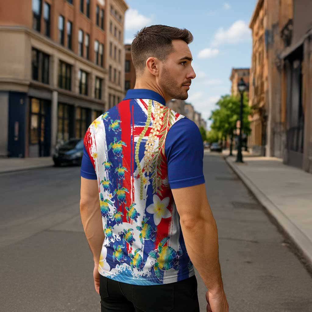 Hawaiian Sea Turtles and Plumeria Zipper Polo Shirt with Lei and Flag Grunge Style LT03 - Polynesian Pride