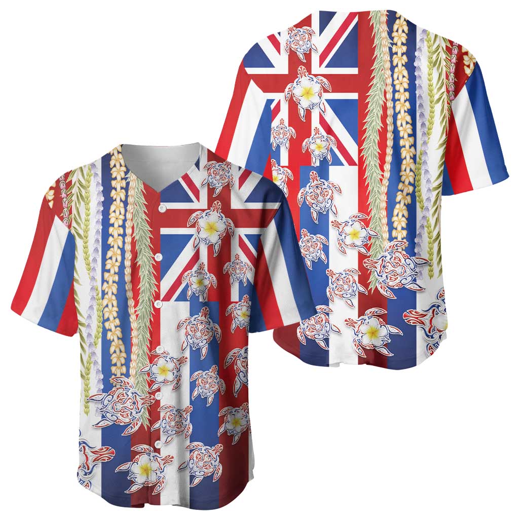 Hawaiian Polynesian Tribal Turtles Baseball Jersey with Lei and Flag Style