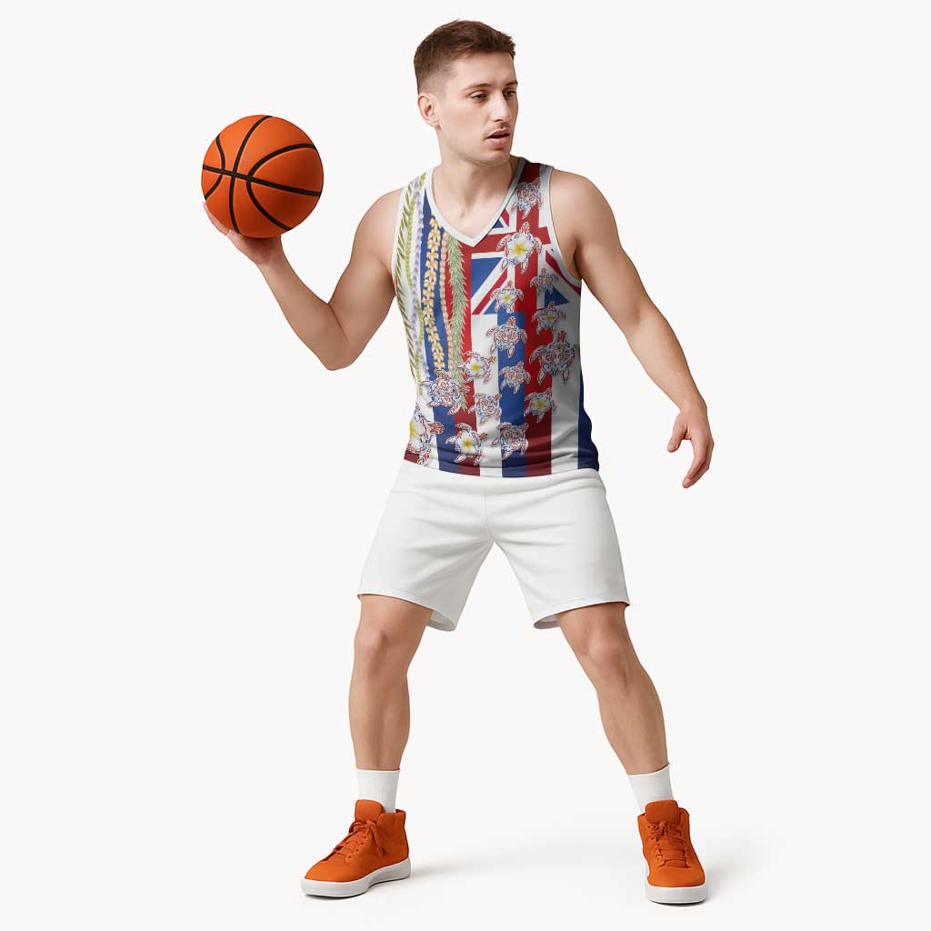 Hawaiian Polynesian Tribal Turtles Basketball Jersey with Lei and Flag Style