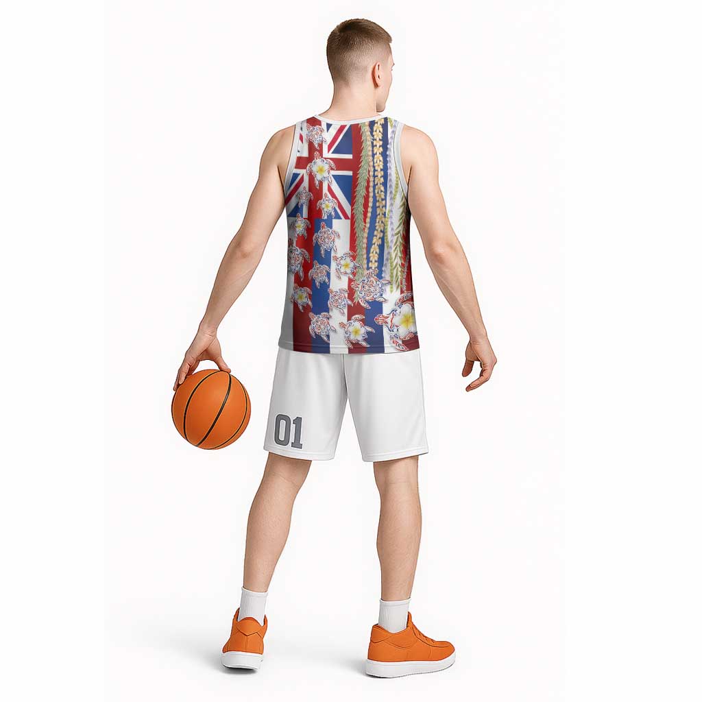 Hawaiian Polynesian Tribal Turtles Basketball Jersey with Lei and Flag Style
