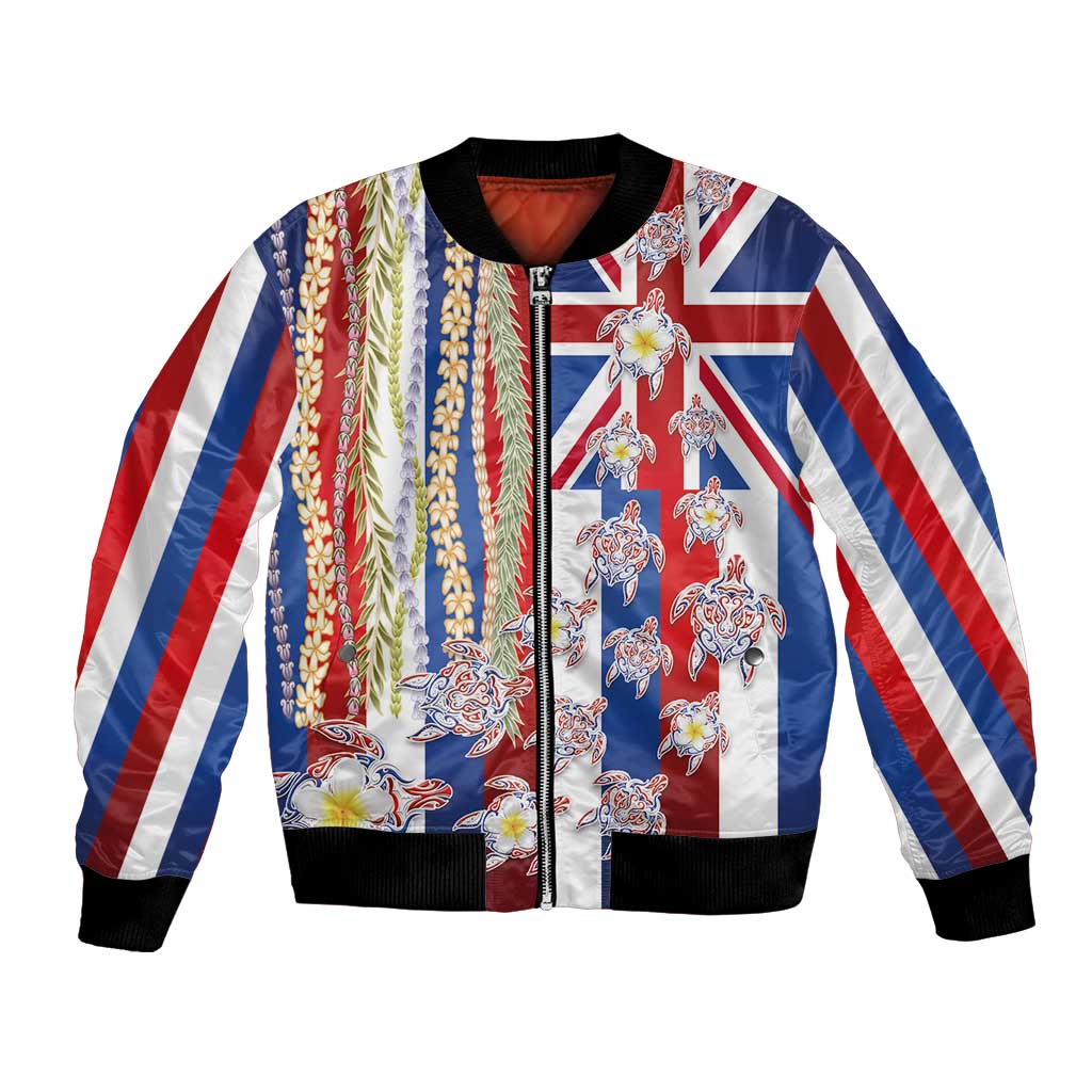 Hawaiian Polynesian Tribal Turtles Bomber Jacket with Lei and Flag Style