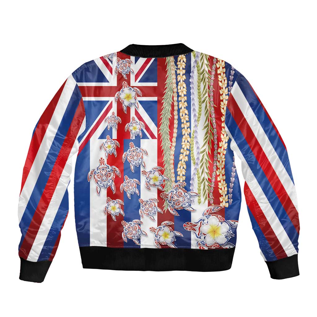 Hawaiian Polynesian Tribal Turtles Bomber Jacket with Lei and Flag Style