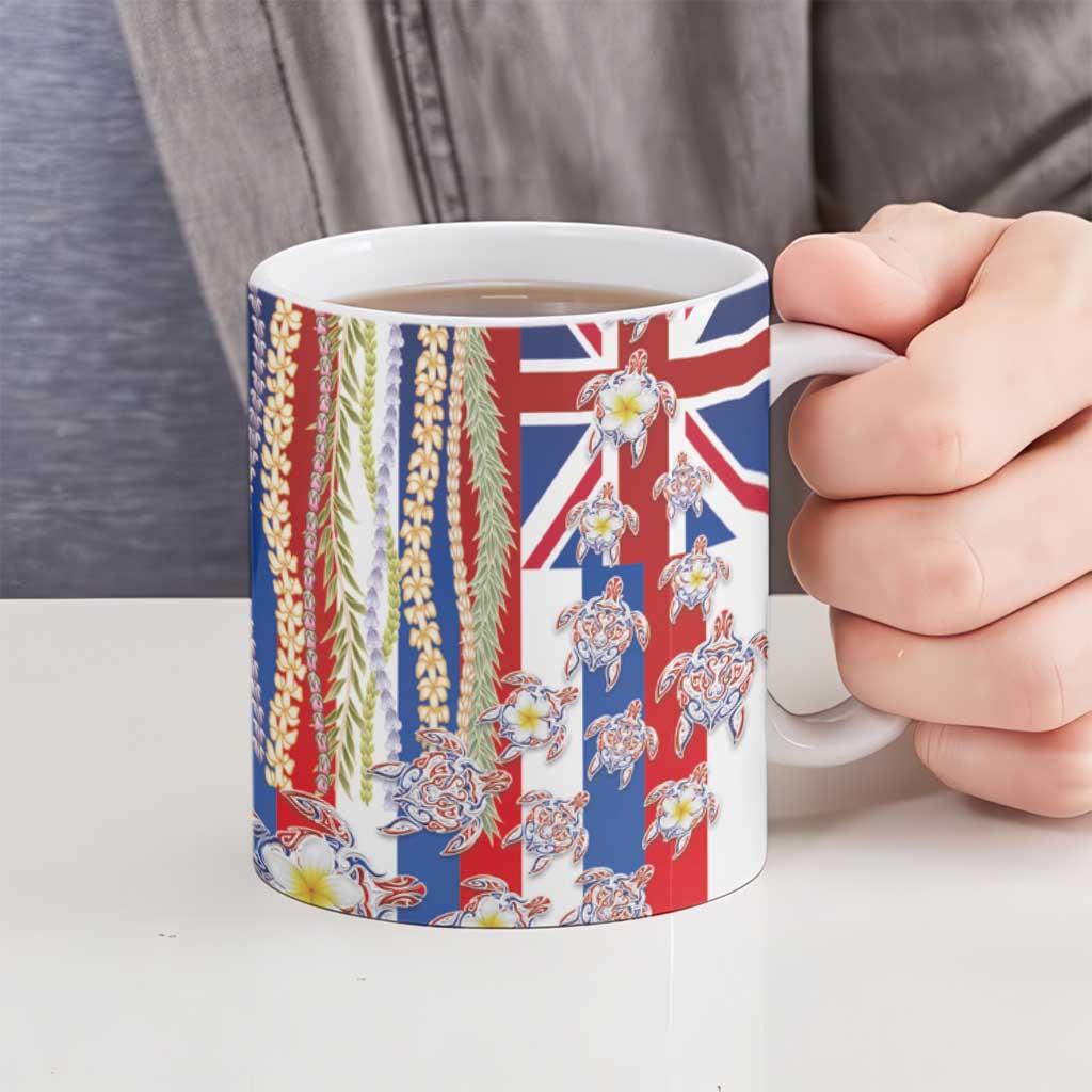 Hawaiian Polynesian Tribal Turtles Ceramic Mug with Lei and Flag Style