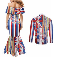 Hawaiian Polynesian Tribal Turtles Couples Matching Mermaid Dress and Long Sleeve Button Shirt with Lei and Flag Style