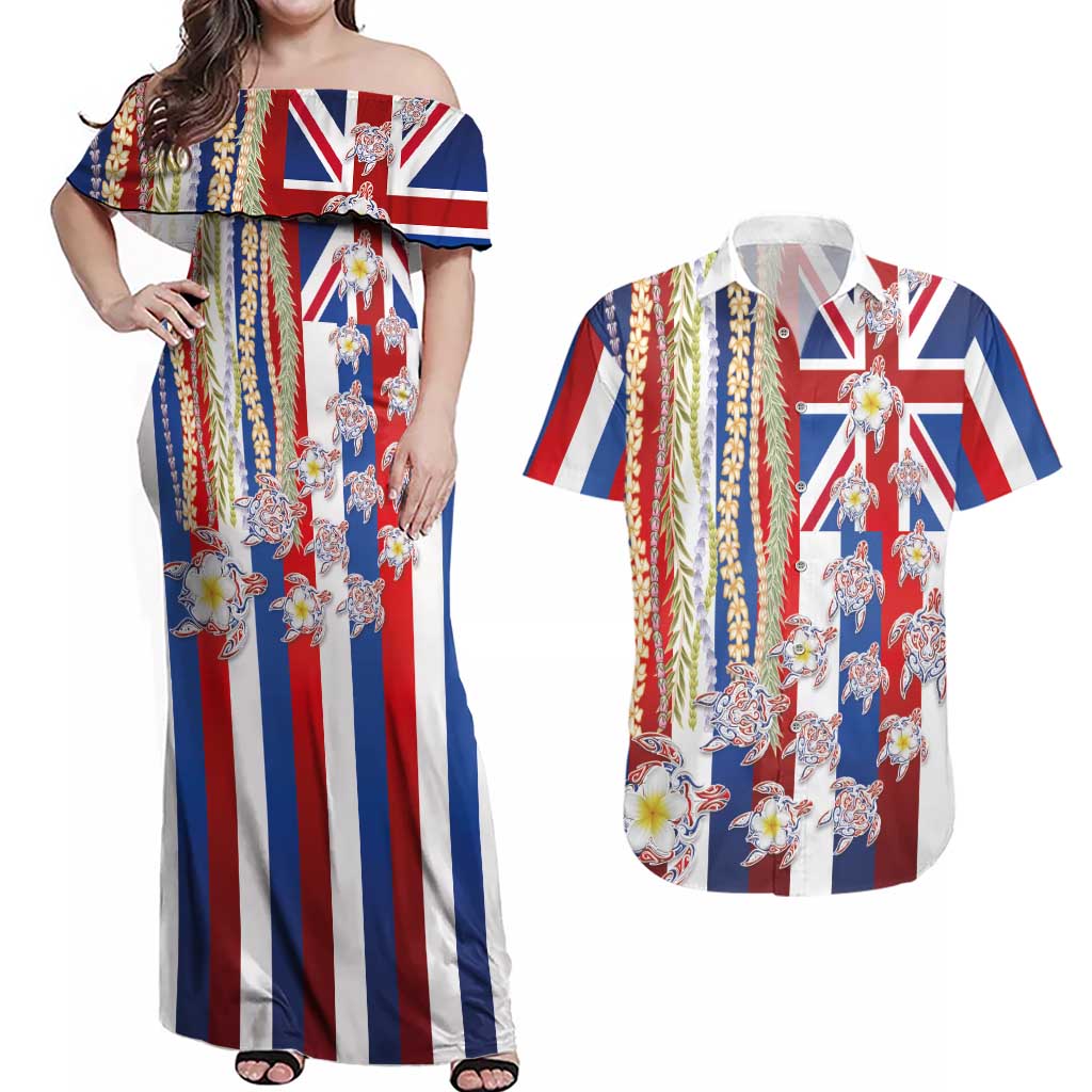 Hawaiian Polynesian Tribal Turtles Couples Matching Off Shoulder Maxi Dress and Hawaiian Shirt with Lei and Flag Style