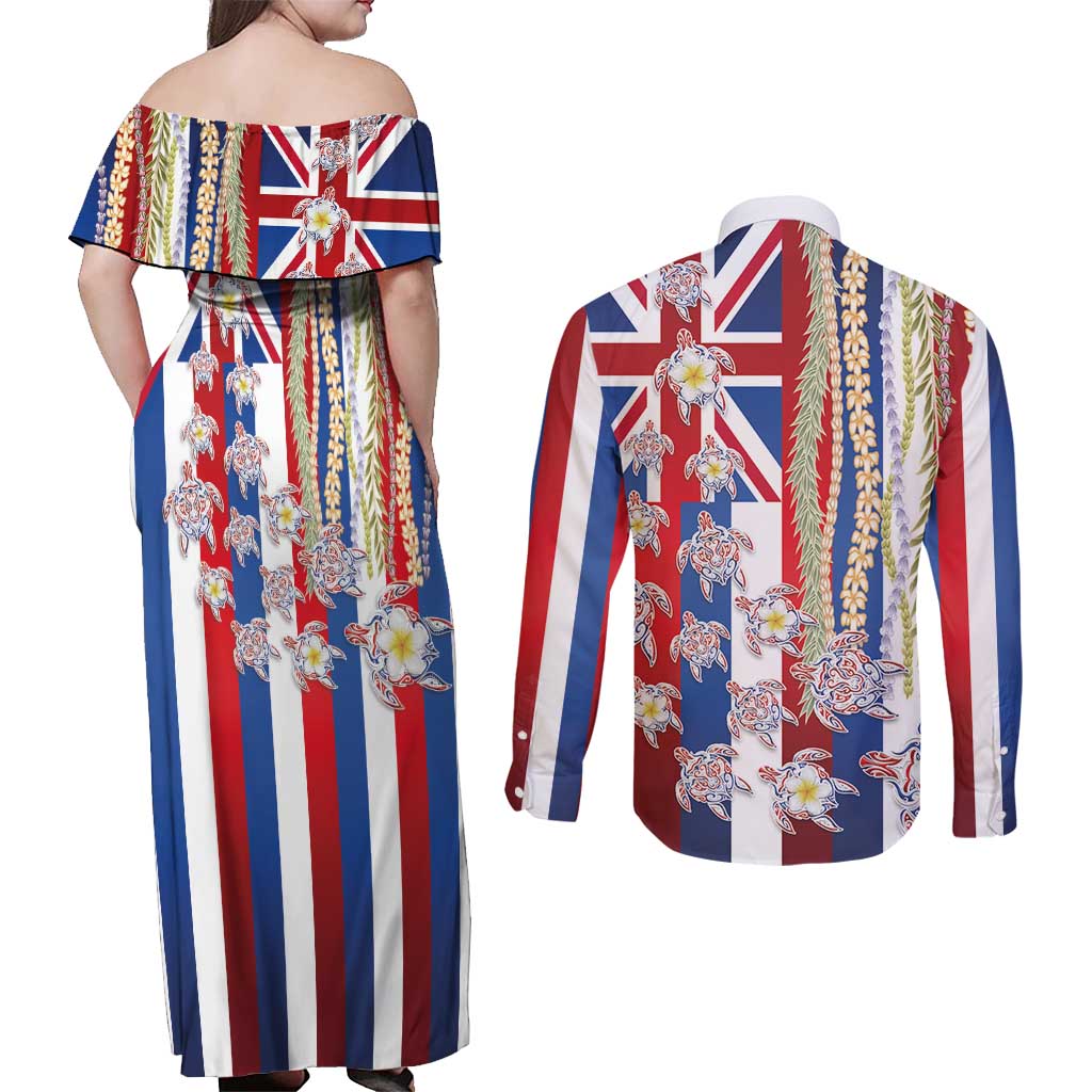 Hawaiian Polynesian Tribal Turtles Couples Matching Off Shoulder Maxi Dress and Long Sleeve Button Shirt with Lei and Flag Style