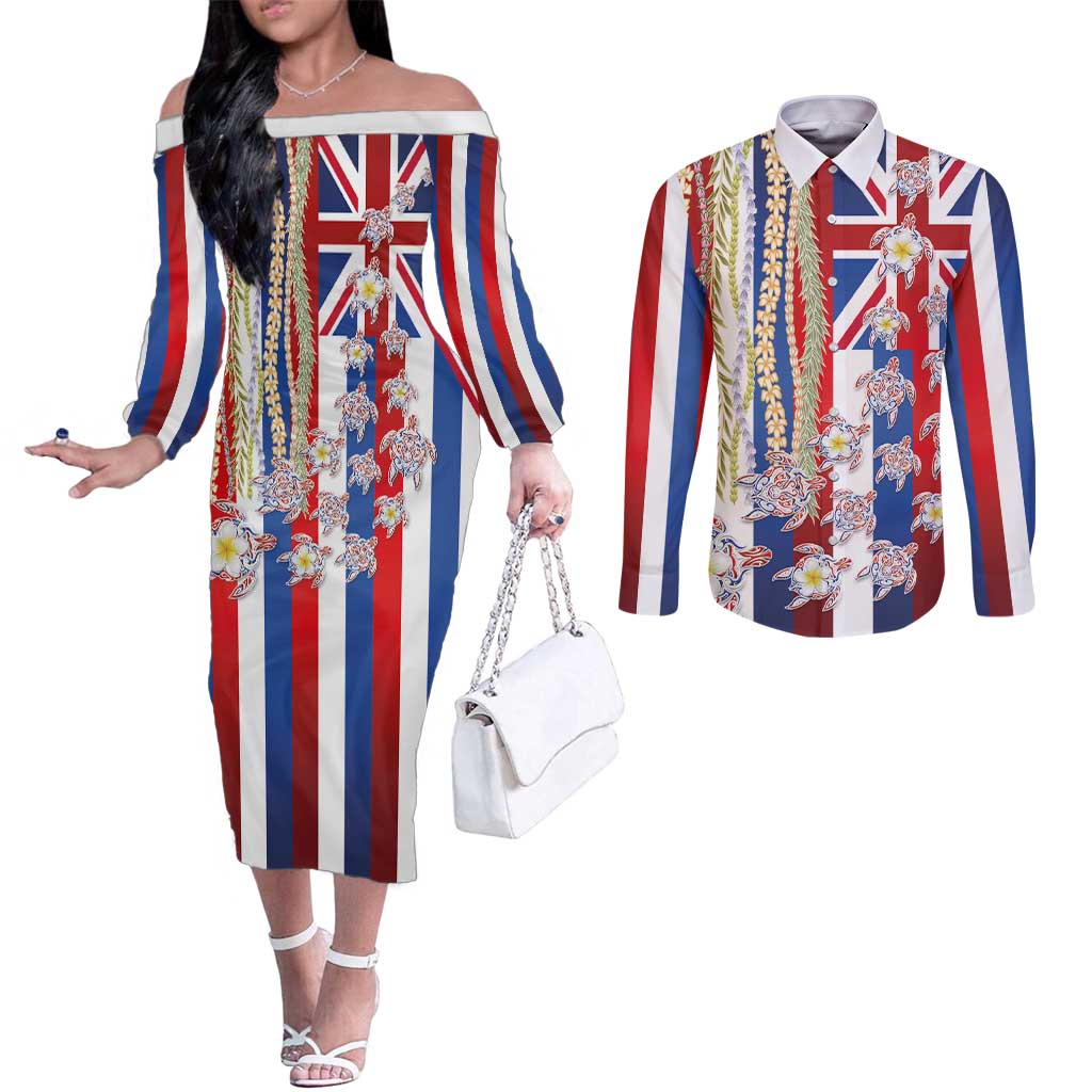 Hawaiian Polynesian Tribal Turtles Couples Matching Off The Shoulder Long Sleeve Dress and Long Sleeve Button Shirt with Lei and Flag Style