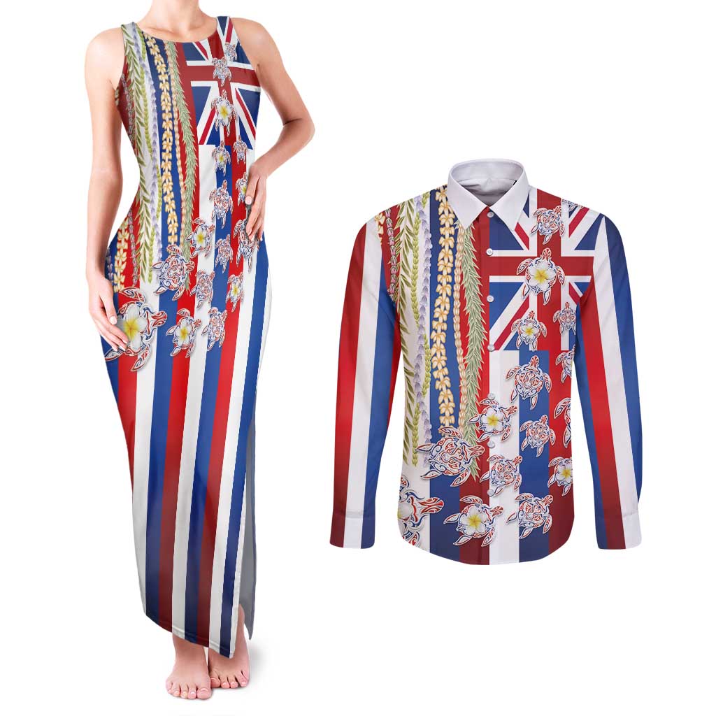 Hawaiian Polynesian Tribal Turtles Couples Matching Tank Maxi Dress and Long Sleeve Button Shirt with Lei and Flag Style