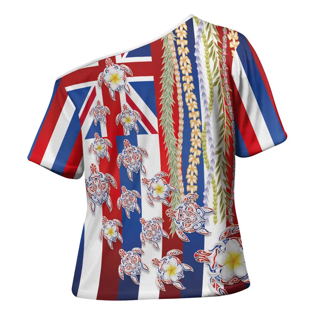 Hawaiian Polynesian Tribal Turtles Cross Shoulder Shirt with Lei and Flag Style